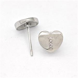 Copper Heart Stud Earring Pave Zirconia Letter-I Platinum Plated, approx 8-9mm