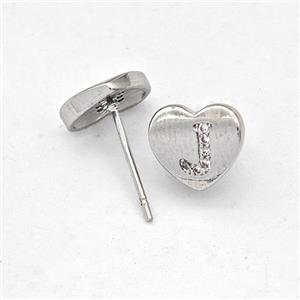 Copper Heart Stud Earring Pave Zirconia Letter-J Platinum Plated, approx 8-9mm