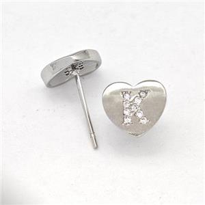 Copper Heart Stud Earring Pave Zirconia Letter-K Platinum Plated, approx 8-9mm