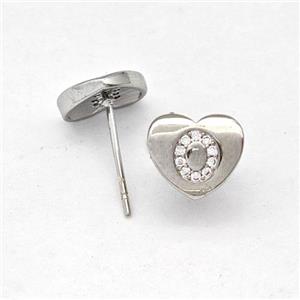 Copper Heart Stud Earring Pave Zirconia Letter-O Platinum Plated, approx 8-9mm