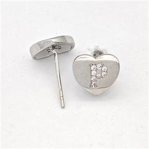 Copper Heart Stud Earring Pave Zirconia Letter-P Platinum Plated, approx 8-9mm