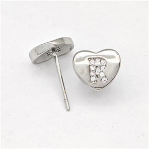 Copper Heart Stud Earring Pave Zirconia Letter-R Platinum Plated, approx 8-9mm