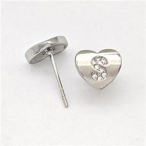 Copper Heart Stud Earring Pave Zirconia Letter-S Platinum Plated, approx 8-9mm