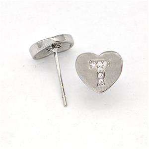 Copper Heart Stud Earring Pave Zirconia Letter-T Platinum Plated, approx 8-9mm