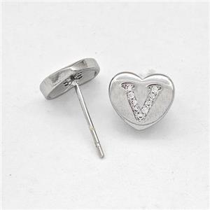 Copper Heart Stud Earring Pave Zirconia Letter-V Platinum Plated, approx 8-9mm