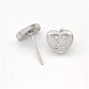 Copper Heart Stud Earring Pave Zirconia Letter-X Platinum Plated, approx 8-9mm