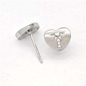 Copper Heart Stud Earring Pave Zirconia Letter-Y Platinum Plated, approx 8-9mm