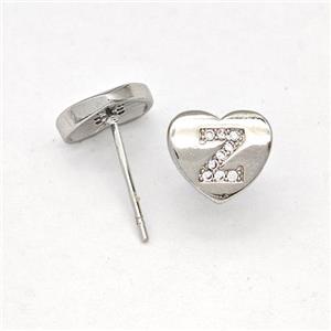 Copper Heart Stud Earring Pave Zirconia Letter-Z Platinum Plated, approx 8-9mm