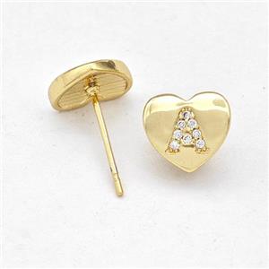 Copper Heart Stud Earring Pave Zirconia Letter-A Gold Plated, approx 8-9mm