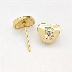 Copper Heart Stud Earring Pave Zirconia Letter-B Gold Plated, approx 8-9mm