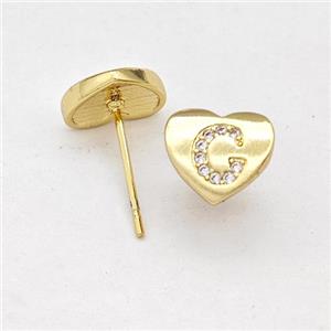 Copper Heart Stud Earring Pave Zirconia Letter-C Gold Plated, approx 8-9mm