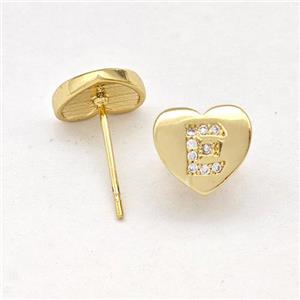 Copper Heart Stud Earring Pave Zirconia Letter-E Gold Plated, approx 8-9mm