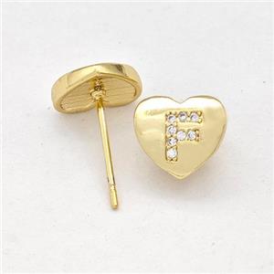 Copper Heart Stud Earring Pave Zirconia Letter-F Gold Plated, approx 8-9mm