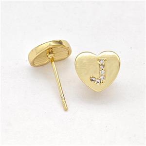 Copper Heart Stud Earring Pave Zirconia Letter-J Gold Plated, approx 8-9mm