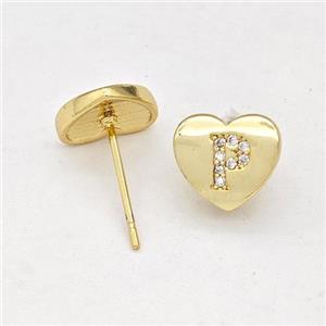 Copper Heart Stud Earring Pave Zirconia Letter-P Gold Plated, approx 8-9mm