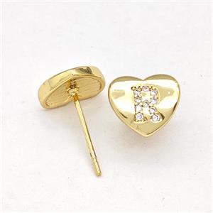 Copper Heart Stud Earring Pave Zirconia Letter-R Gold Plated, approx 8-9mm