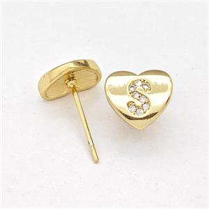 Copper Heart Stud Earring Pave Zirconia Letter-S Gold Plated, approx 8-9mm