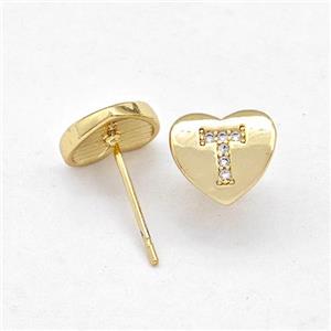 Copper Heart Stud Earring Pave Zirconia Letter-T Gold Plated, approx 8-9mm