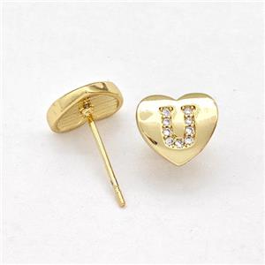 Copper Heart Stud Earring Pave Zirconia Letter-U Gold Plated, approx 8-9mm