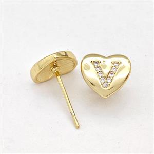 Copper Heart Stud Earring Pave Zirconia Letter-V Gold Plated, approx 8-9mm