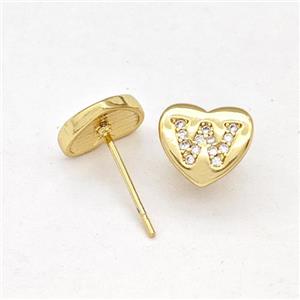 Copper Heart Stud Earring Pave Zirconia Letter-W Gold Plated, approx 8-9mm