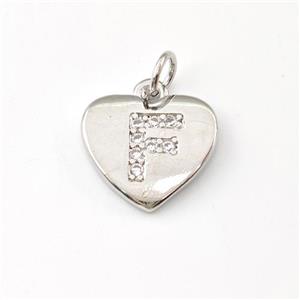 Copper Heart Pendant Pave Zirconia Letter-F Platinum Plated, approx 12mm