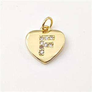 Copper Heart Pendant Pave Zirconia Letter-F Gold Plated, approx 12mm