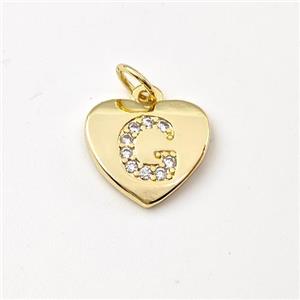 Copper Heart Pendant Pave Zirconia Letter-G Gold Plated, approx 12mm