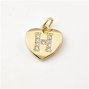 Copper Heart Pendant Pave Zirconia Letter-H Gold Plated, approx 12mm