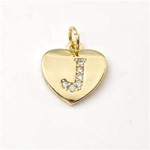 Copper Heart Pendant Pave Zirconia Letter-J Gold Plated, approx 12mm