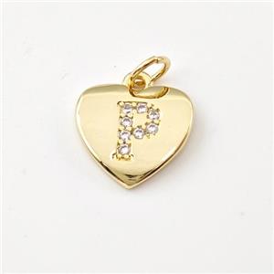 Copper Heart Pendant Pave Zirconia Letter-P Gold Plated, approx 12mm