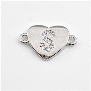 Copper Heart Connector Pave Zirconia Letter-S Platinum Plated, approx 12mm