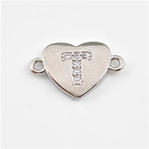 Copper Heart Connector Pave Zirconia Letter-T Platinum Plated, approx 12mm