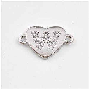 Copper Heart Connector Pave Zirconia Letter-W Platinum Plated, approx 12mm