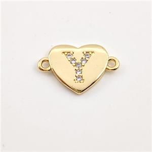 Copper Heart Connector Pave Zirconia Letter-Y Gold Plated, approx 12mm