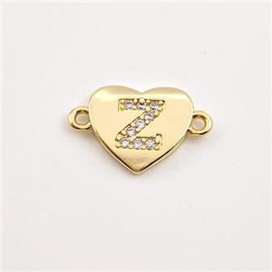 Copper Heart Connector Pave Zirconia Letter-Z Gold Plated, approx 12mm