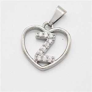 Copper Heart Pendant Pave Zirconia Letter-Z Platinum Plated, approx 16mm