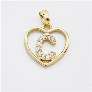 Copper Heart Pendant Pave Zirconia Letter-C Gold Plated, approx 16mm