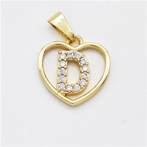 Copper Heart Pendant Pave Zirconia Letter-D Gold Plated, approx 16mm