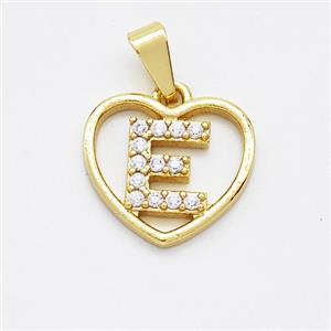 Copper Heart Pendant Pave Zirconia Letter-E Gold Plated, approx 16mm