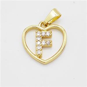 Copper Heart Pendant Pave Zirconia Letter-F Gold Plated, approx 16mm