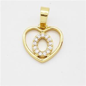 Copper Heart Pendant Pave Zirconia Letter-O Gold Plated, approx 16mm