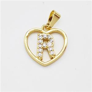 Copper Heart Pendant Pave Zirconia Letter-R Gold Plated, approx 16mm