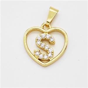 Copper Heart Pendant Pave Zirconia Letter-S Gold Plated, approx 16mm