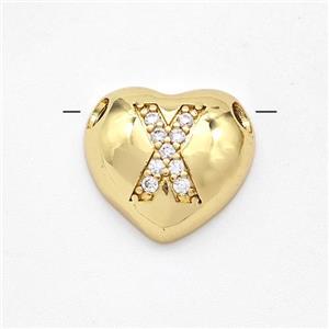 Copper Heart Pendant Pave Zirconia Letter-X Large Hole Gold Plated, approx 16mm, 3mm hole