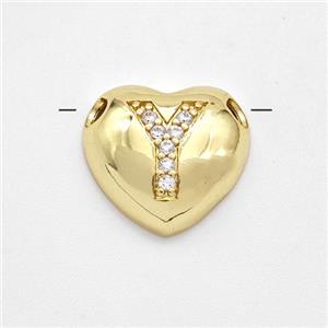 Copper Heart Pendant Pave Zirconia Letter-Y Large Hole Gold Plated, approx 16mm, 3mm hole