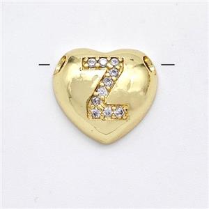 Copper Heart Pendant Pave Zirconia Letter-Z Large Hole Gold Plated, approx 16mm, 3mm hole