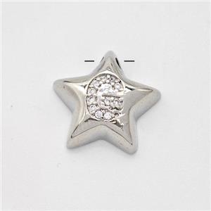 Copper Star Pendant Pave Zirconia Letter-G Large Hole Platinum Plated, approx 16mm, 3mm hole