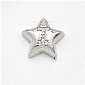 Copper Star Pendant Pave Zirconia Letter-I Large Hole Platinum Plated, approx 16mm, 3mm hole