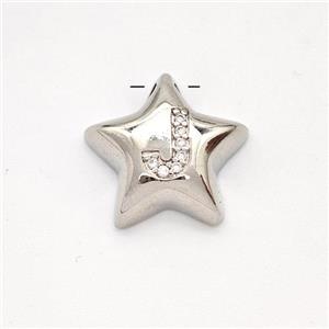 Copper Star Pendant Pave Zirconia Letter-J Large Hole Platinum Plated, approx 16mm, 3mm hole